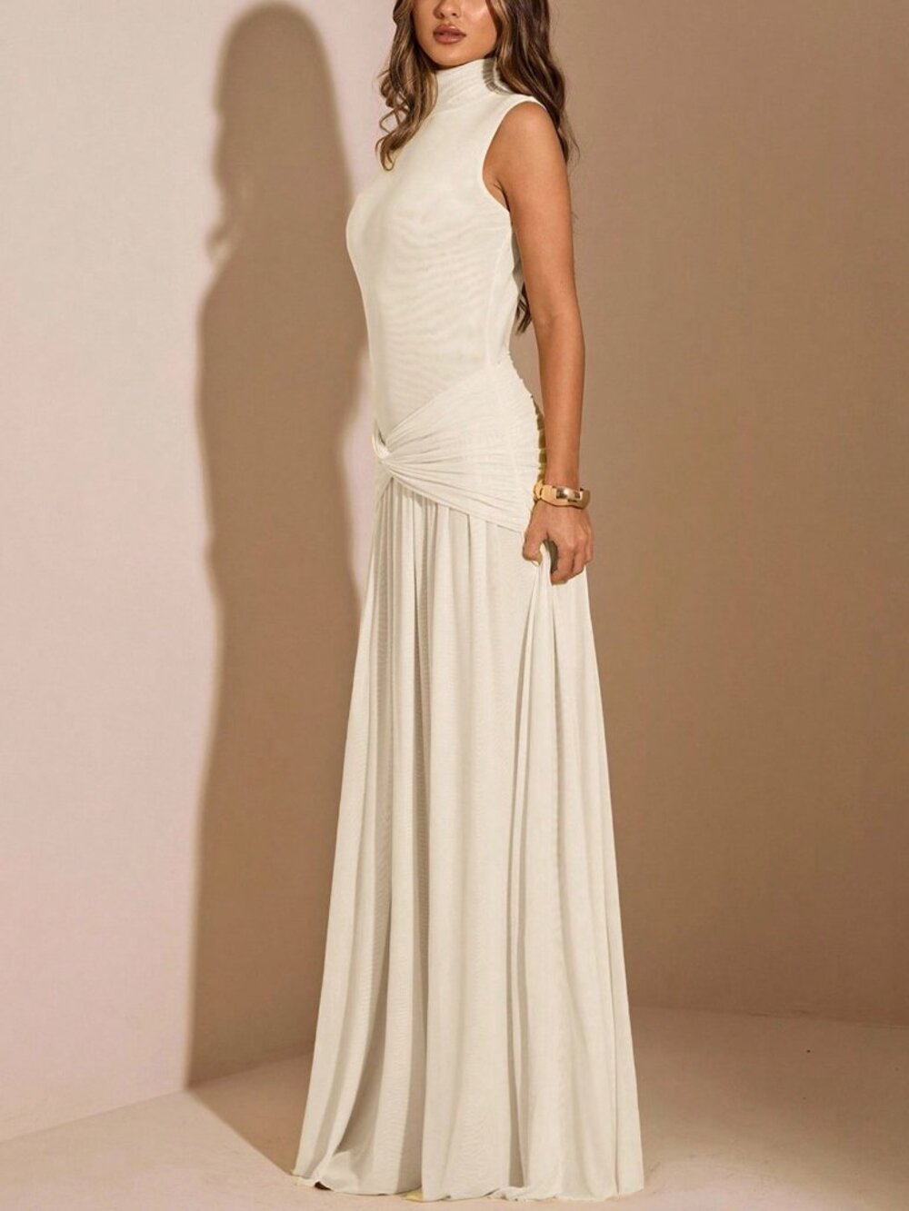 Apricot Elegant Women's Maxi Sleeveless Turtleneck Dress - Picture 4 of 7